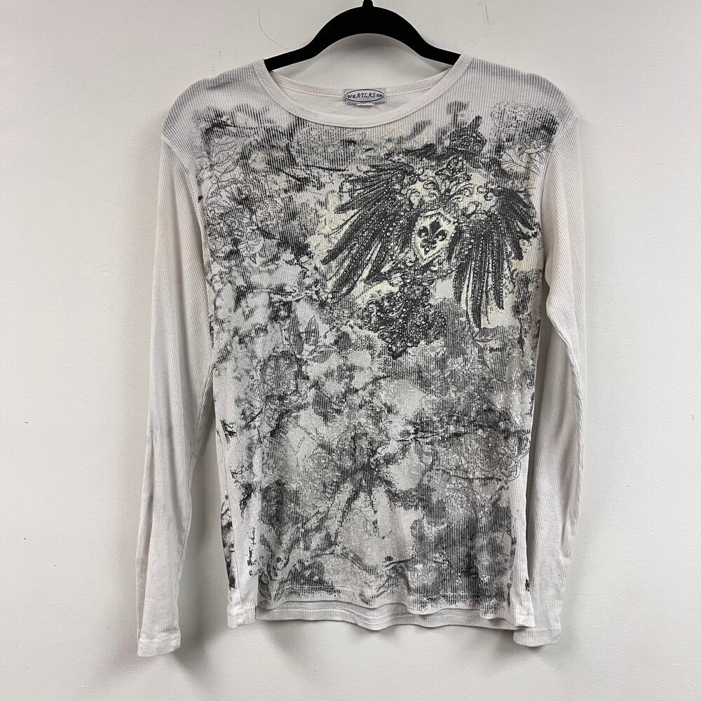 vintage sm Y2K graphic rhinestone 2000's long sleeve scoop neck extra fitted tee